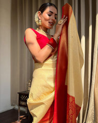 Traditional Wear Jacquard Cream Color Silk Saree