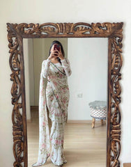 Embellished White Color Fowler Print Ready To Wear Saree