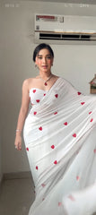 Captivating Embroidery Red Heart White Color Ready To Wear Saree