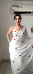 Captivating Embroidery Red Heart White Color Ready To Wear Saree