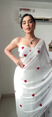 Captivating Embroidery Red Heart White Color Ready To Wear Saree