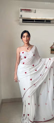 Captivating Embroidery Red Heart White Color Ready To Wear Saree