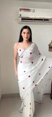 Captivating Embroidery Red Heart White Color Ready To Wear Saree