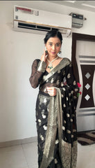 Lovely Jacquard Work Black Color Ready To Wear Saree