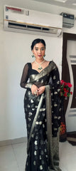 Lovely Jacquard Work Black Color Ready To Wear Saree