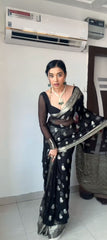 Lovely Jacquard Work Black Color Ready To Wear Saree