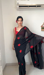 Fantastic Black Color Red Heart Embroidery Work Ready To Wear Saree