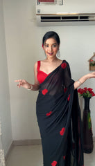 Fantastic Black Color Red Heart Embroidery Work Ready To Wear Saree