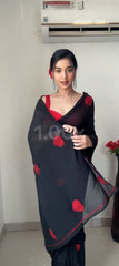 Fantastic Black Color Red Heart Embroidery Work Ready To Wear Saree