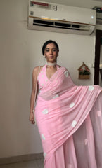 Beautiful Embroidery Work White Color Heart Baby Pink Ready To Wear Saree