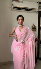 Beautiful Embroidery Work White Color Heart Baby Pink Ready To Wear Saree