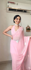 Beautiful Embroidery Work White Color Heart Baby Pink Ready To Wear Saree