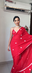 Unique Embroidery Heart Work Red Color Ready To Wear Saree