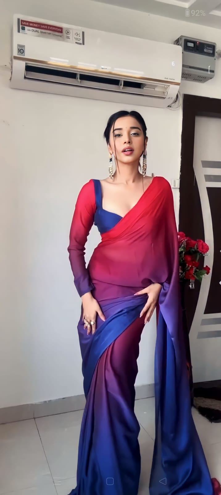 Admiring Red With Blue Color Plain Ready To Wear Saree