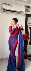 Admiring Red With Blue Color Plain Ready To Wear Saree