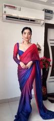 Admiring Red With Blue Color Plain Ready To Wear Saree