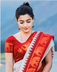 Bollywood Rashmika Mandanna Jacquard Cream Silk Saree