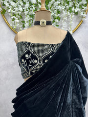 Velvet Black Color Saree With Work Blouse