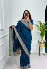 Elegant Navy Blue Color Vichitra Silk Saree