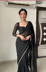 Shining Black Color Georgette Ready To Wear Saree