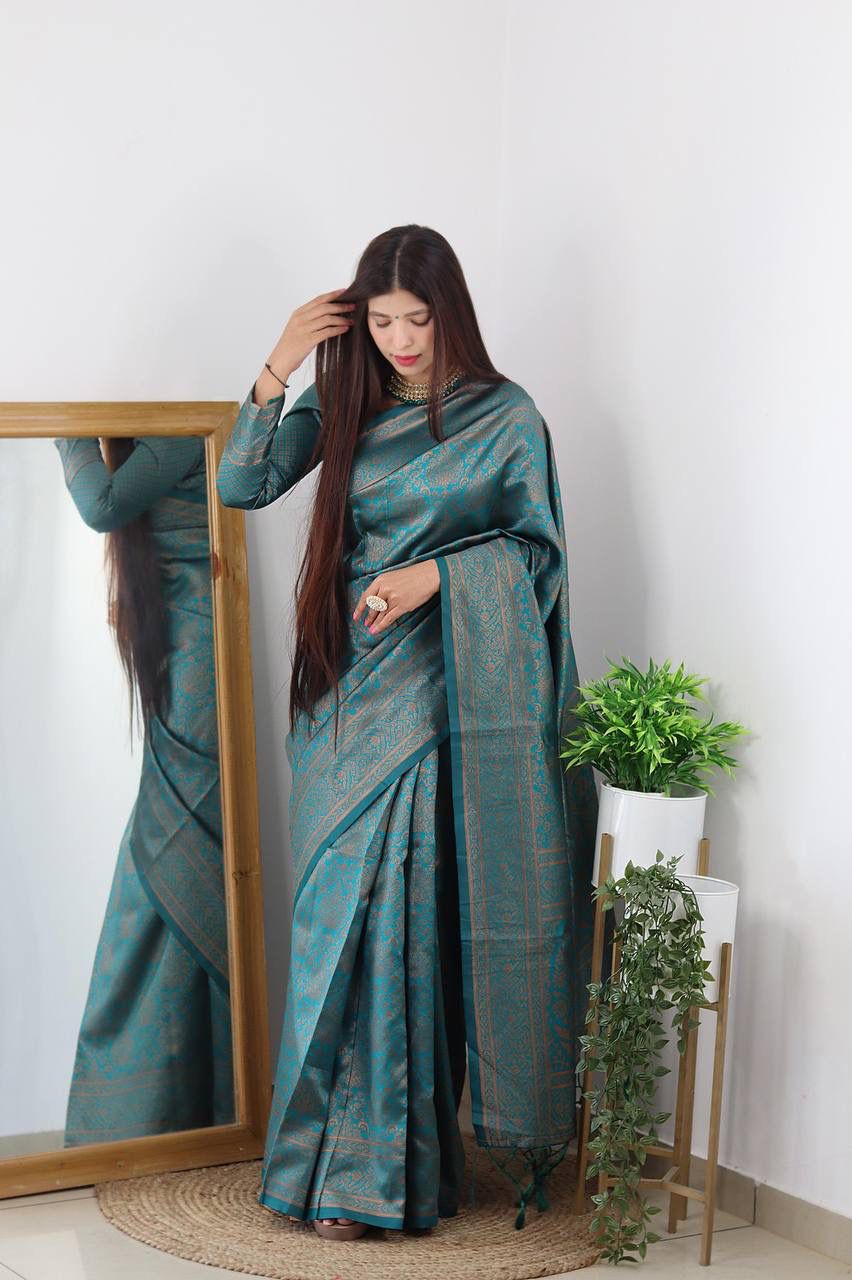 Traditional Wear Teal Color Jacquard Silk Saree