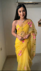 Glimmering Flower Design Yellow Color Ready To Wear Saree