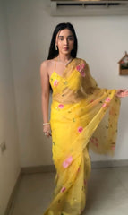 Glimmering Flower Design Yellow Color Ready To Wear Saree