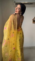 Glimmering Flower Design Yellow Color Ready To Wear Saree