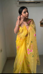 Glimmering Flower Design Yellow Color Ready To Wear Saree