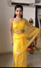 Glimmering Soft Organza Yellow Color Ready To Wear Saree