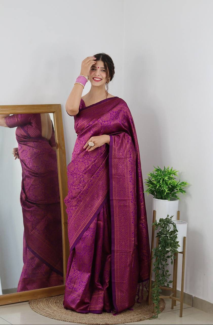 Traditional Wear Wine Color Jacquard Silk Saree