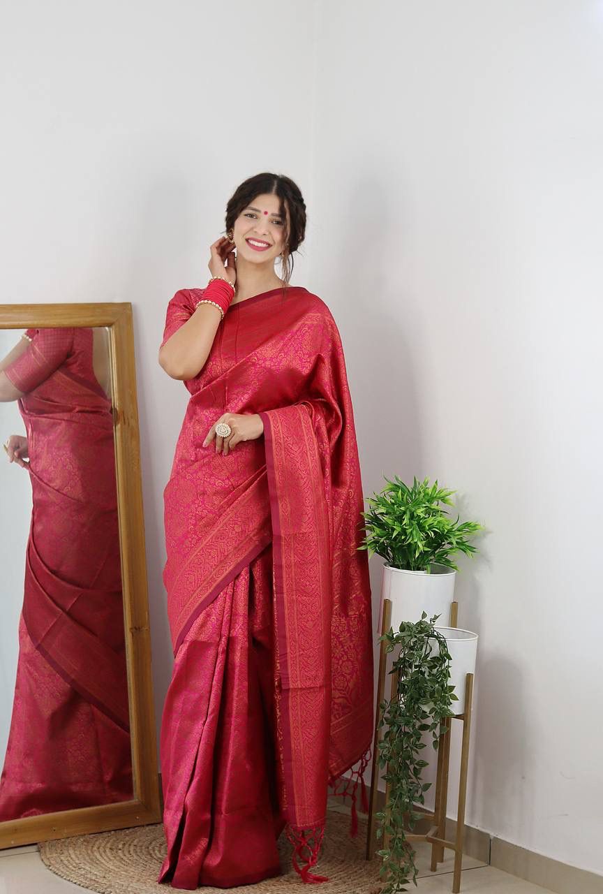 Traditional Wear Red Color Jacquard Silk Saree