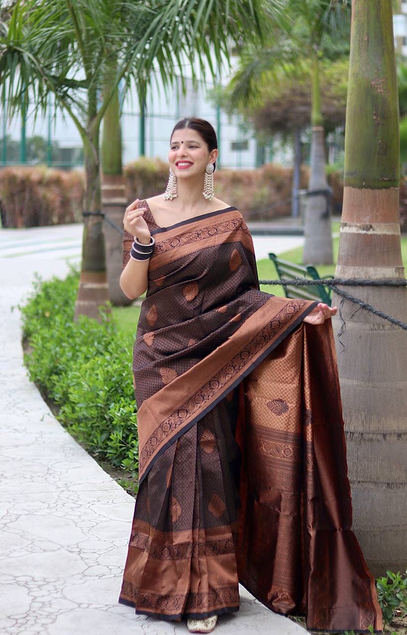 Festive Wear Brown Color Jacquard Silk Saree