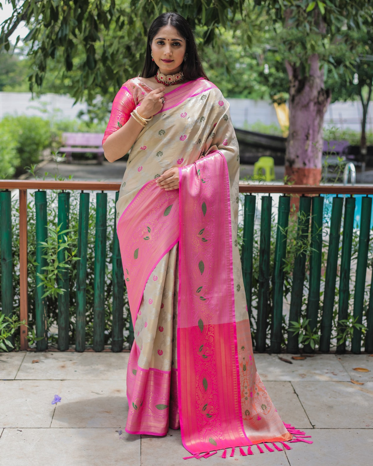 Designer Kanjivaram Silk Beige Color Saree