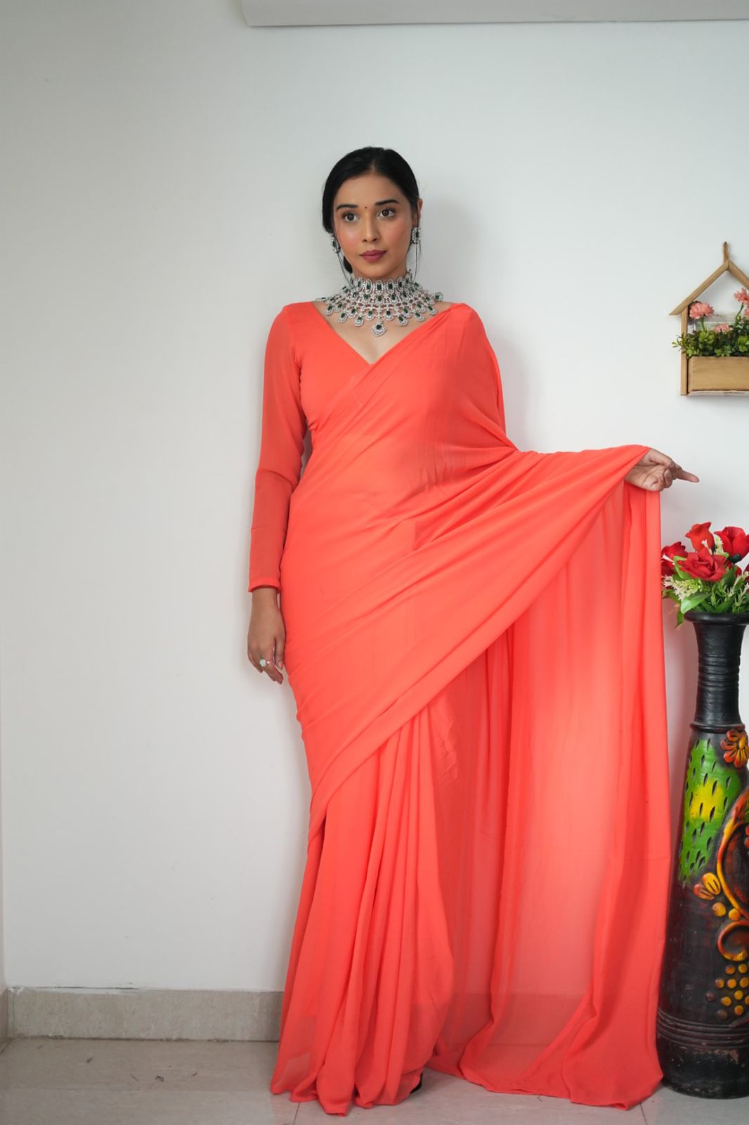 Delightful Orange Color Georgette Ready To Wear Saree