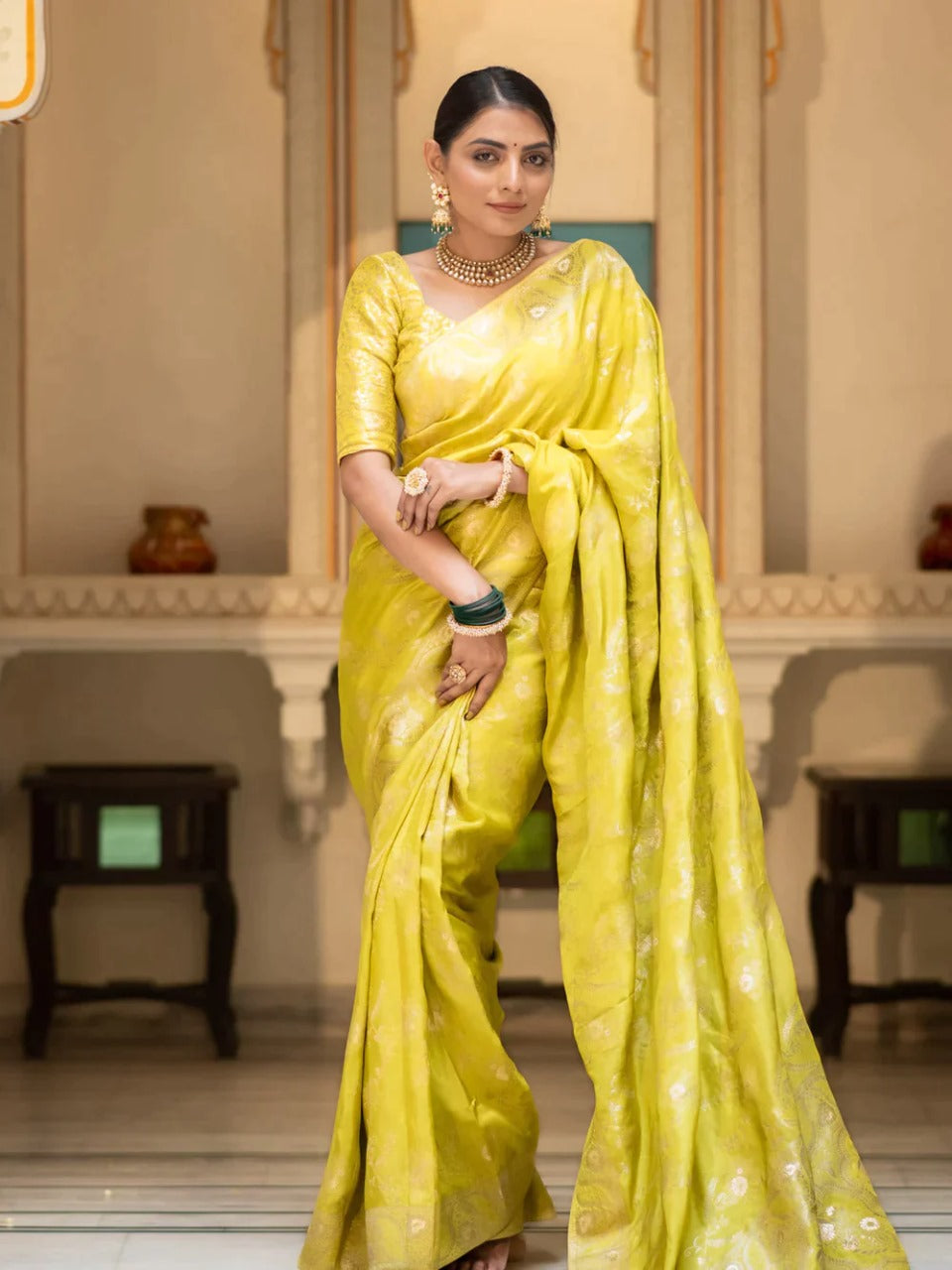 Trendy Haldi Wear Lemon Color Banarasi Silk Saree