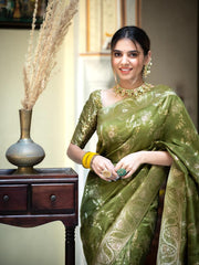 Trendy Mehnadi Wear Green Color Banarasi Silk Saree