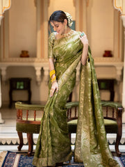 Trendy Mehnadi Wear Green Color Banarasi Silk Saree