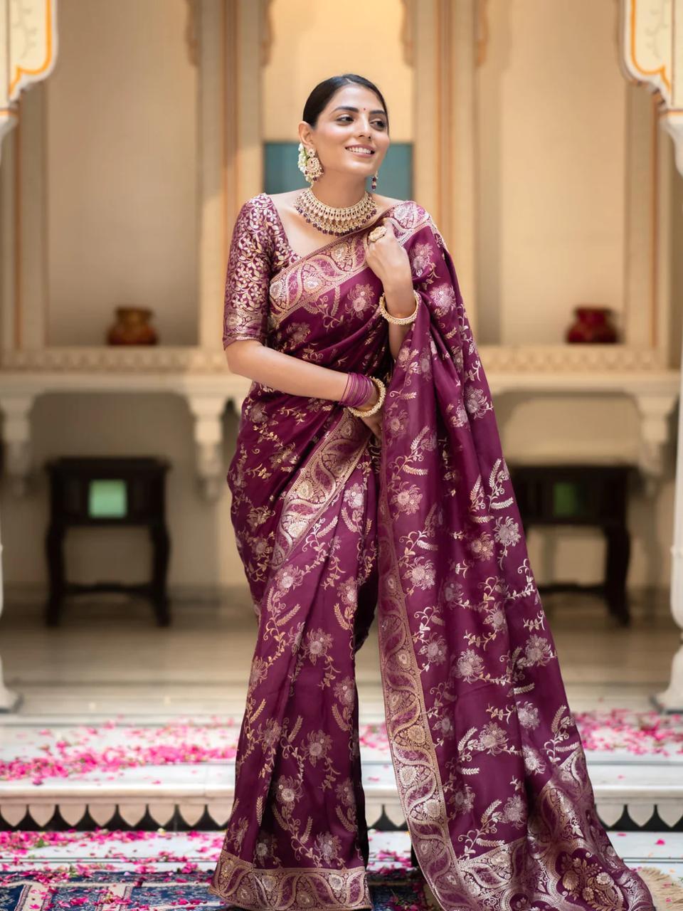 Trendy Wine Color Banarasi Silk Saree