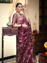 Trendy Wine Color Banarasi Silk Saree