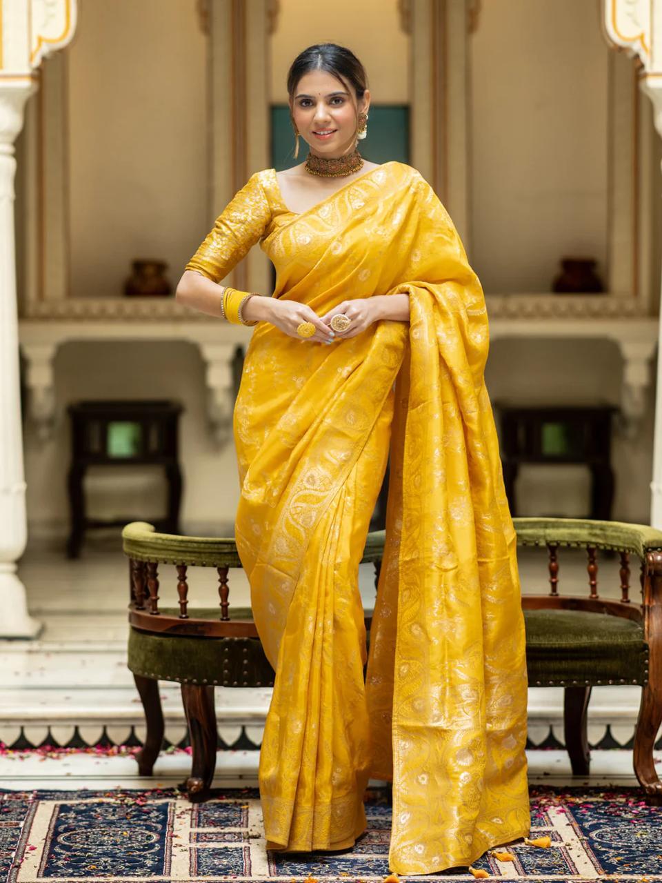 Trendy Haldi Wear Yellow Color Banarasi Silk Saree