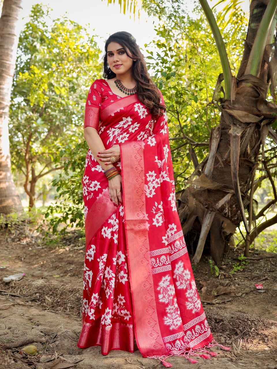 Demanding Printed Silk Red Color Saree