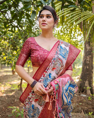 Trendy Red Color Printed Silk Saree