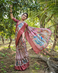 Trendy Red Color Printed Silk Saree