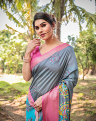 Ravishing Grey Color Printed Silk Saree