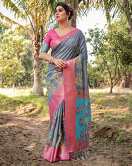 Ravishing Grey Color Printed Silk Saree