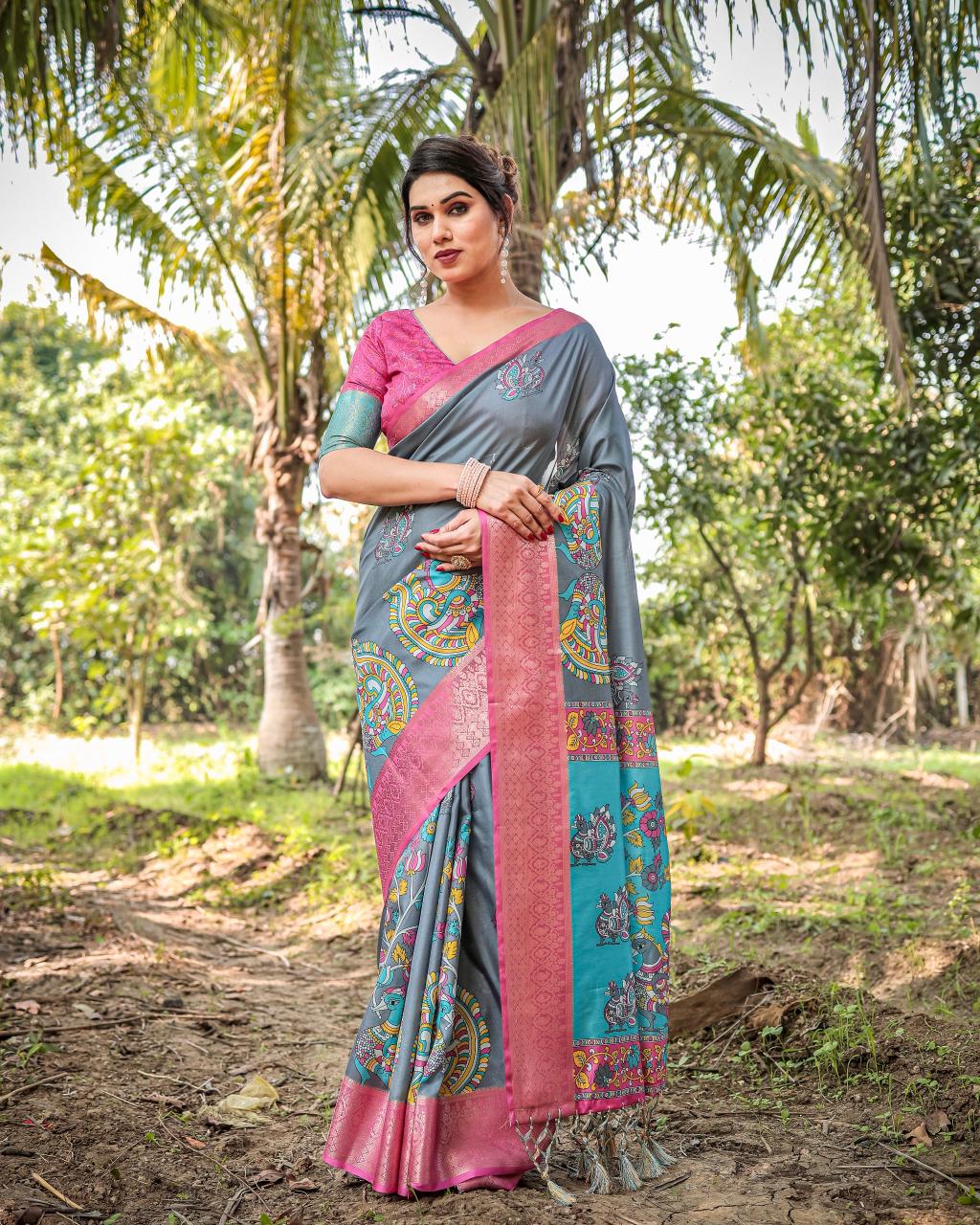 Ravishing Grey Color Printed Silk Saree