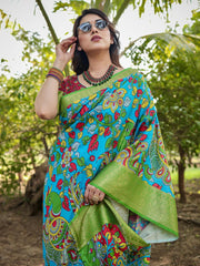 Peaceful Sky Blue Color Printed Silk Saree