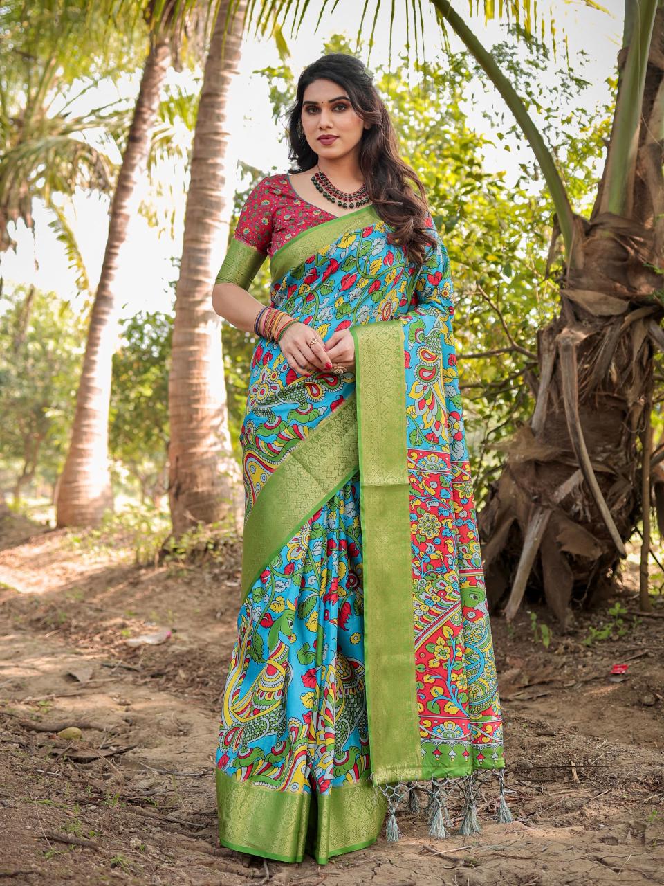 Peaceful Sky Blue Color Printed Silk Saree