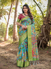 Peaceful Sky Blue Color Printed Silk Saree